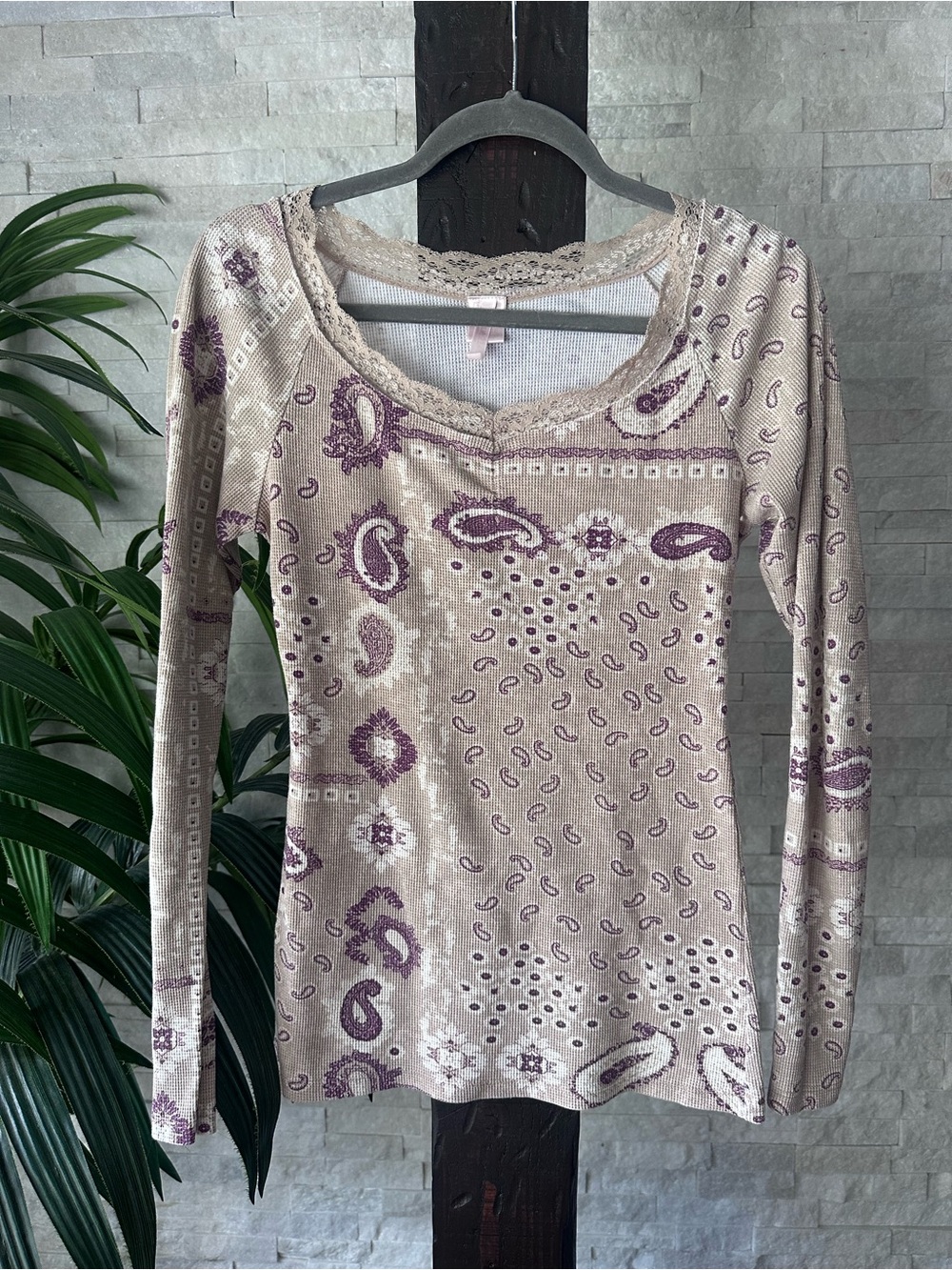 RUE 21 Y2K Paisley Lace-Trim Long Sleeve Thermal Waffle Knit Top Size L